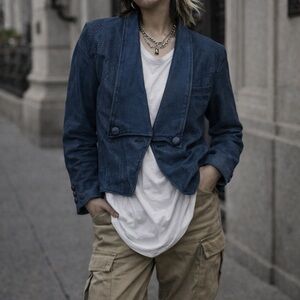 Woman’s Vintage Navy Cropped Leather Blazer Snakeskin Pattern Statement Jacket,M